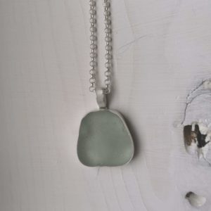 Handmade Seaglass pendant necklace, beach glass jewellery, silver sea glass pendant, made in London, made in Britain, Christmas gift for her, birthday gift, blue marble jewellery