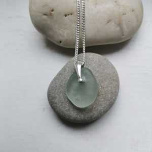 Seaglass pendant necklace, beach glass jewellery, silver sea glass pendant, made in London, made in Britain, Christmas gift for her, birthday gift, blue marble jewellery
