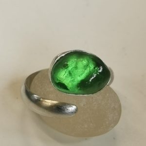 Green seaglass ring, Silver and seaglass ring. Silver adjustable ring