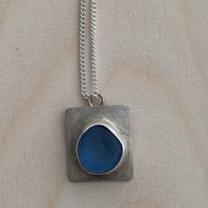 Seaglass Pendant, Handmade Silver Seaglass Necklace, Chunky Silver Pendant, Sterling Silver Necklace, Boho Necklace, Gift For Her, , made in Britain, gift for her, birthday gift, urban makers, etsy shop, blue marble jewellery