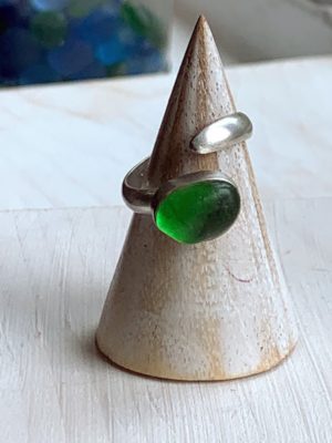 Handmade Green seaglass ring, Silver and seaglass ring. Silver adjustable ring