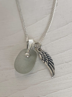 Sterling silver and seaglass pendant, seaglass and silver pendant, Silver charm pendant Angel wing charm pendant, Sterling seaglass pendants